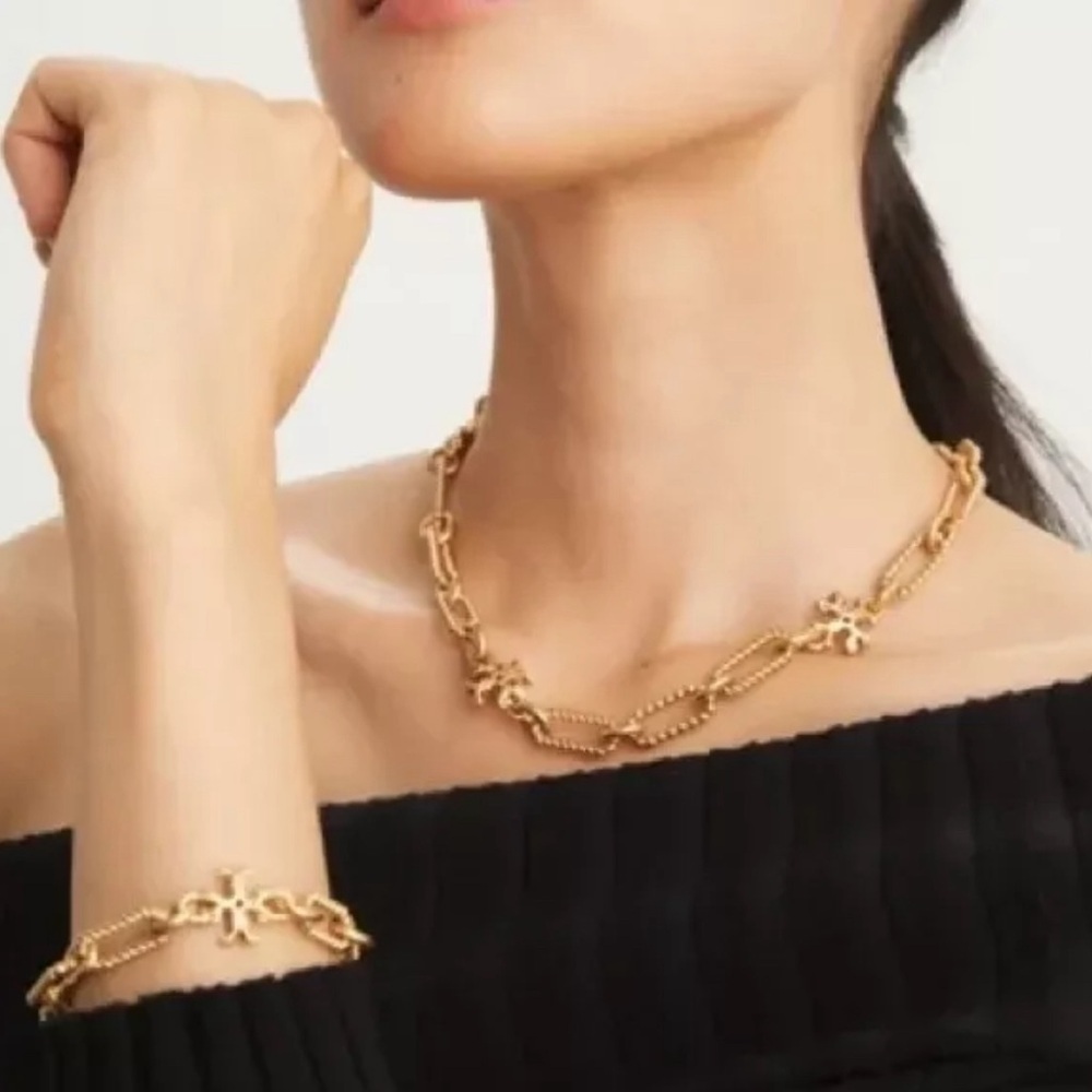 Authentic Tory Burch Gold Plated Roxanne Double-T Rope Chain Short Necklace